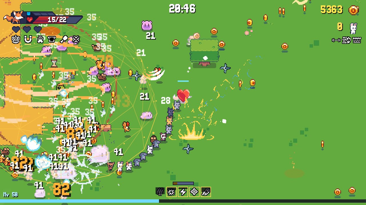 A swarm of monsters around the fox, damage numbers everywhere